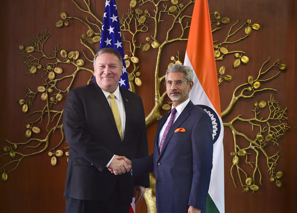 External Affairs Minister S Jaishankar shakes hands with US Secretary of State Mike Pompeo during a meeting, in New Delhi on Wednesday. PTI photo