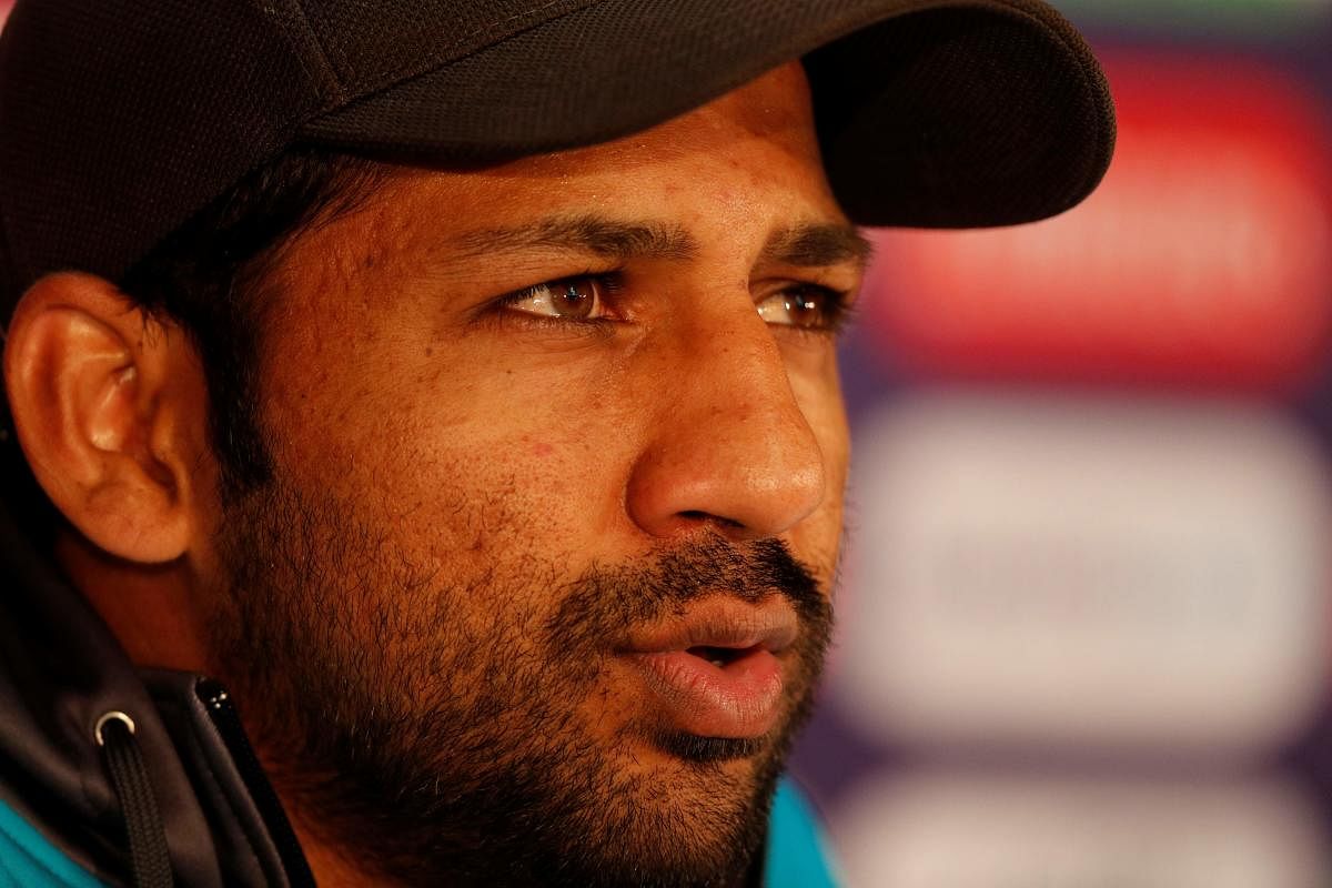 Pakistan's captain Sarfaraz Ahmed addresses media representatives during a press conference at Lords Cricket Ground in London on June 22, 2019, ahead of Pakistan's next 2019 Cricket World Cup match against South Africa. (Photo by AFP)