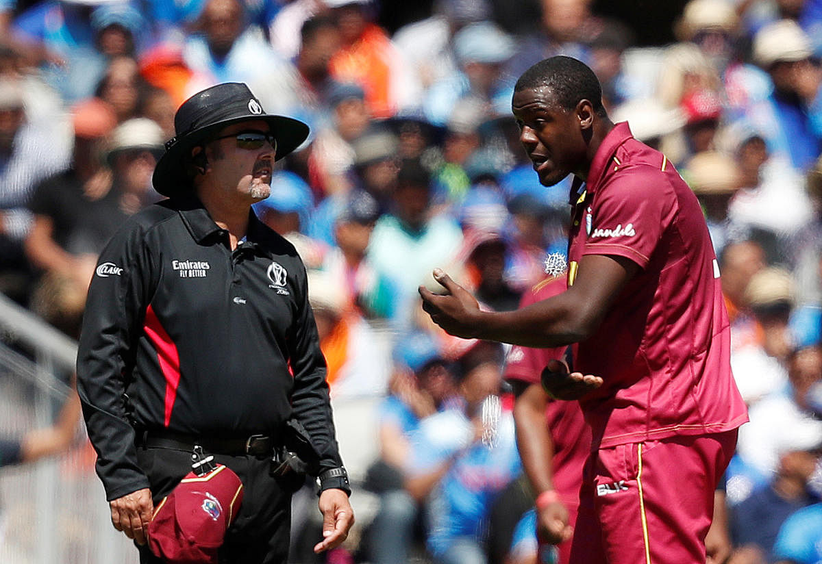 West Indies' Carlos Brathwaite remonstrates with the umpire. Photo credit: Reuters