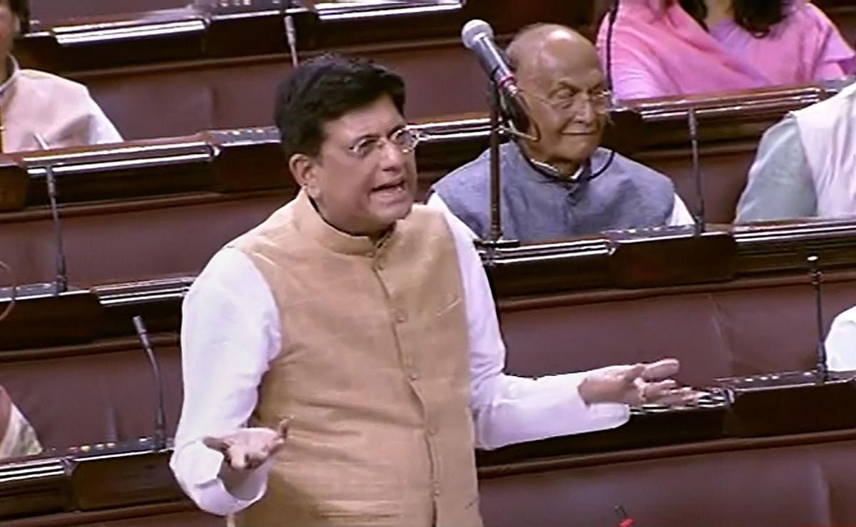 Union Railway Minister Piyush Goyal speaks in the Rajya Sabha during the Budget Session of Parliament (PTI Photo)