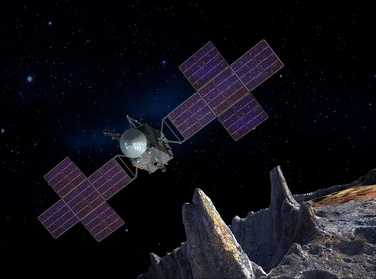 An artist's concept of Psyche spacecraft with five-panel array near the metal asteroid Psyche 16. Image: Nasa