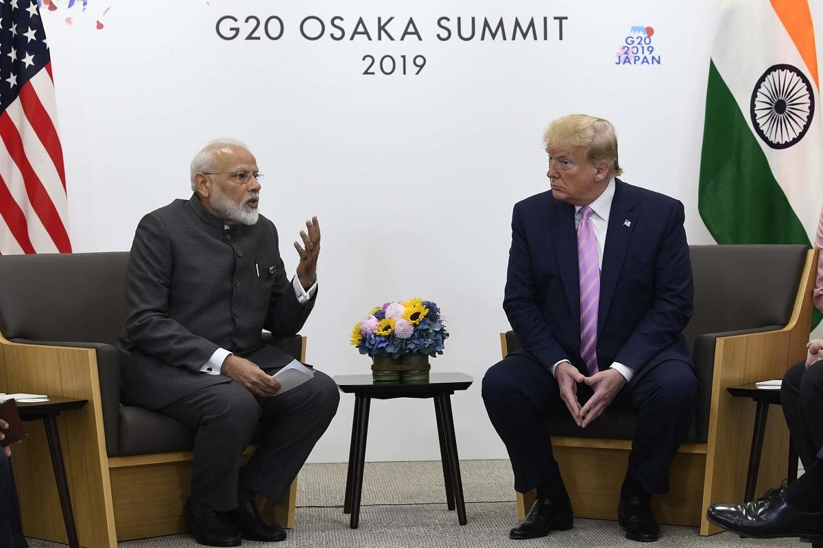 Osaka: President Donald Trump meets with Indian Prime Minister Narendra Modi during a meeting on the sidelines of the G-20 summit in Osaka, Japan, Friday, June 28, 2019. AP/PTI