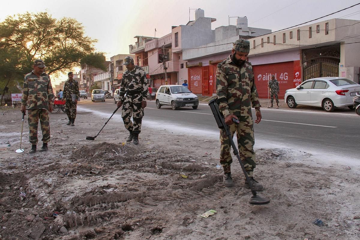 Jammu: Security personnel use mine detectors near Yatri Niwas base camp ahead of the Amarnath Yatra which commences tomorrow, in Jammu, Saturday, June 29, 2019. (PTI Photo)(PTI6_29_2019_000164A)