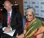 RBI Deputy Governor Usha Thorat and Boston Consulting Group Partner & Director, Duncan Martin,  during a conference of 'Global Banking: Paradigm Shift' in Mumbai on Wednesday. PTI