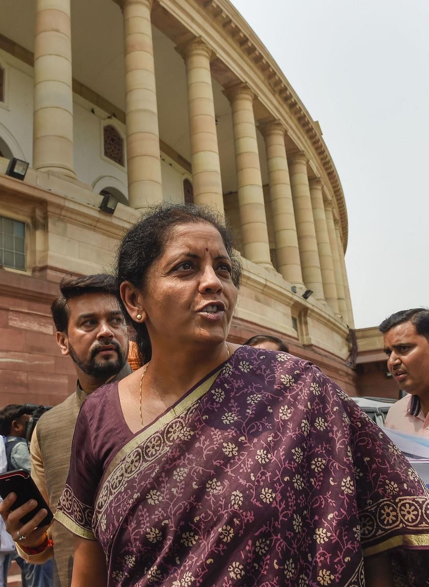 Union Minister for Finance and Corporate Affairs Nirmala Sitharaman, Minister of State for Finance and Corporate Affairs Anurag Singh Thakur and others leave after the BJP parliamentary party meeting, in New Delhi, Tuesday, July 02, 2019. (PTI Photo)