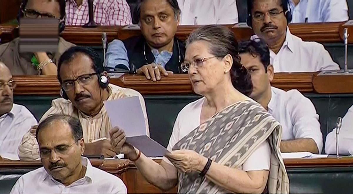 Congress Parliamentary Party Chairperson Sonia Gandhi speaks in the Lok Sabha during the Budget Session of Parliament in New Delhi. PTI photo