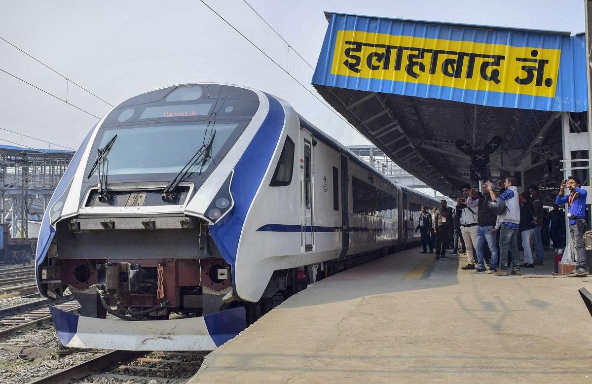India's fastest train Vande Bharat Express train, Train-18, at Allahabad Railway Junction. (PTI Photo)