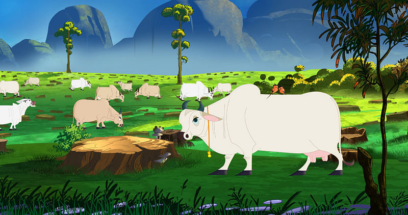 The Sanskrit animation movie is based on the folksong 'Punyakoti' which is about an honest cow.