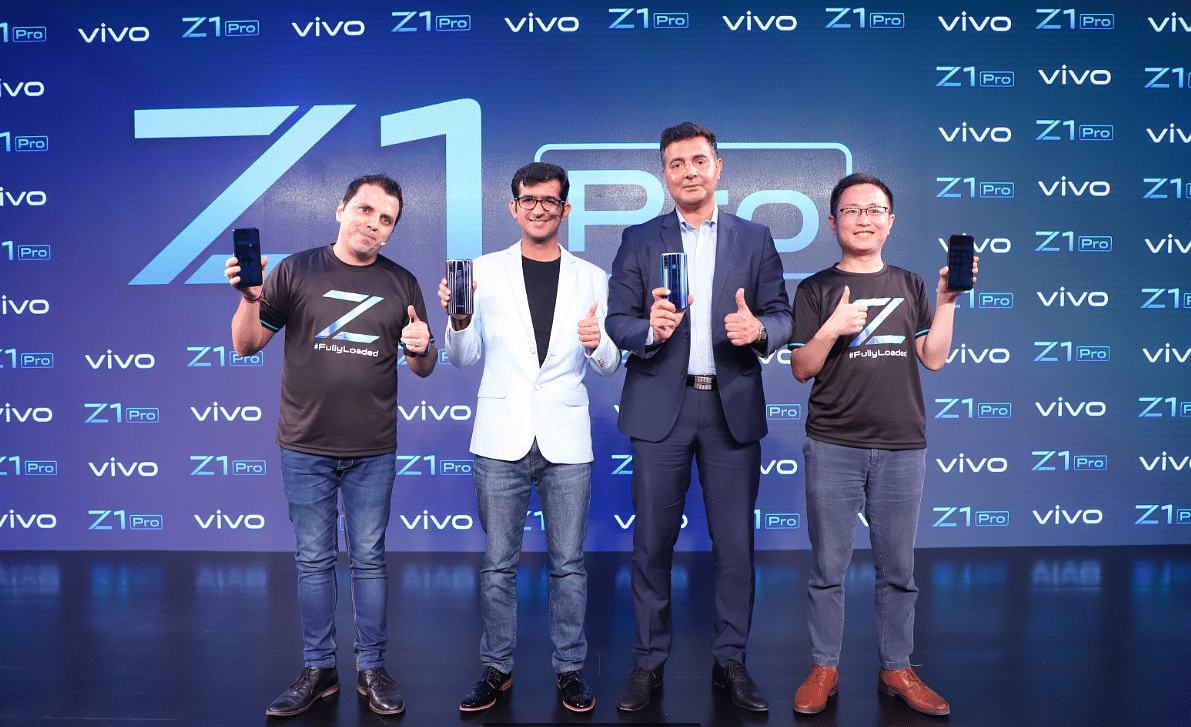 Vivo launches the Z1Pro in collaboration with Flipkart  (L to R):Pankaj Gandhi (Director Ecommerce at vivo India), Nipun Marya (Director Brand Strategy at vivo India) Ajay Veer Yadav (SVP Mobile & Large Appliances at Flipkart) and Tony Shang (VP &Head of Ecommerce at vivo India) unveiling the Vivo Z1Pro at the Z-series launch event in New Delhi, 3 July, 2019