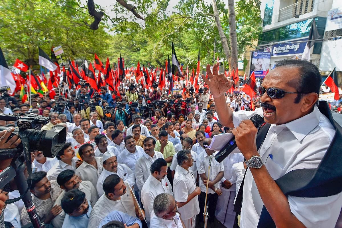Marumalarchi Dravida Munnetra Kazhagam (MDMK) founder and General Secretary, Vaiko, speaks during a protest rally against the Tamil Nadu Governor Banwarilal Purohit over the release of seven convicts in the Rajiv Gandhi assassination case, in Chennai, Monday, Dec. 03, 2018. (PTI Photo)