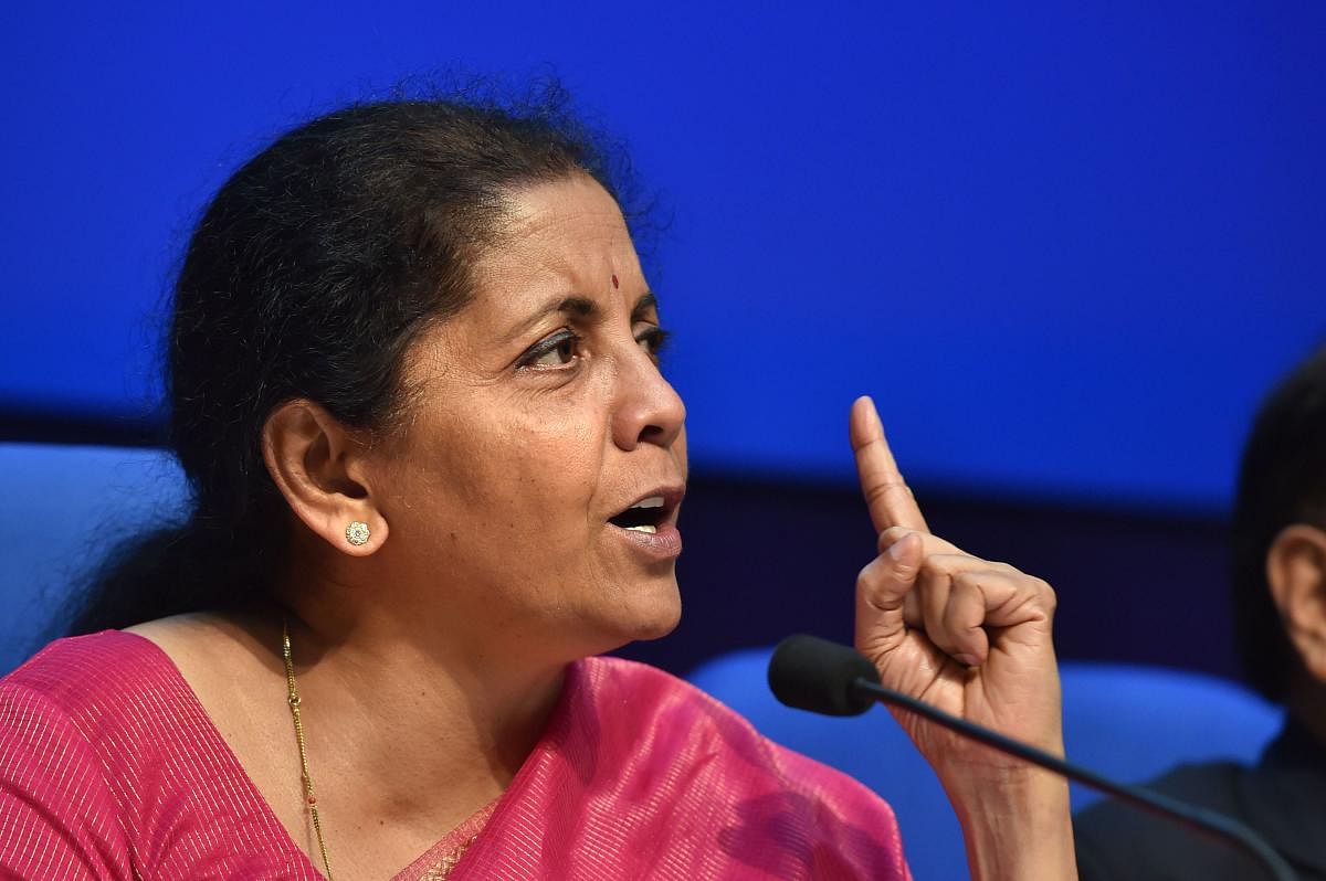Finance Minister Nirmala Sitharaman addresses a press conference after presenting the Union Budget 2019-20, in New Delhi on Friday. PTI photo
