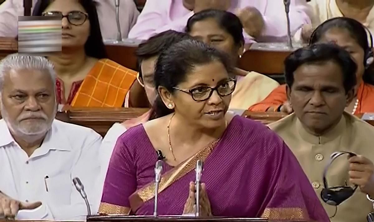 Finance Minister Nirmala Sitharaman presents the Union Budget 2019-20 in the Lok Sabha at Parliament, in New Delhi on Friday. PTI photo