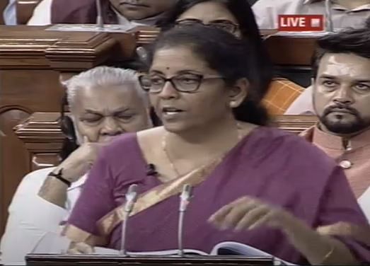 The Union Finance Minister Nirmala Sitharaman is presenting the Budget 2019 speech at the Parliament on July 5, 2019. (RSTV Video screenshot)