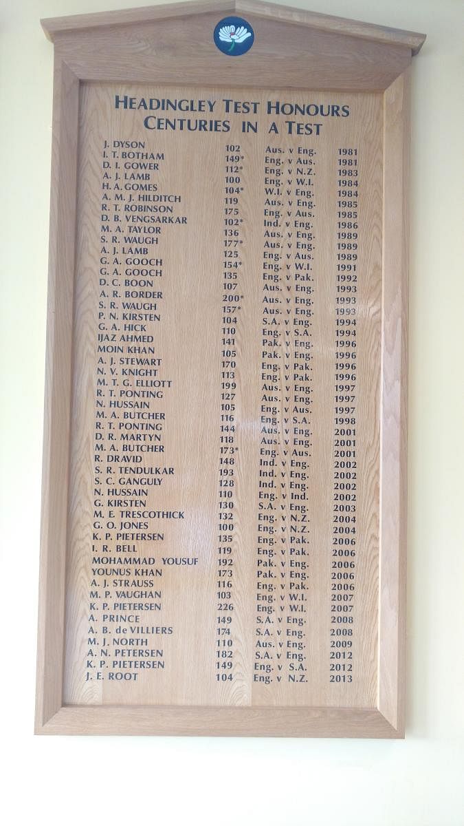 The honours board at Headingley with the names Rahul Dravid, Sachin Tendulkar and Sourav Ganguly.