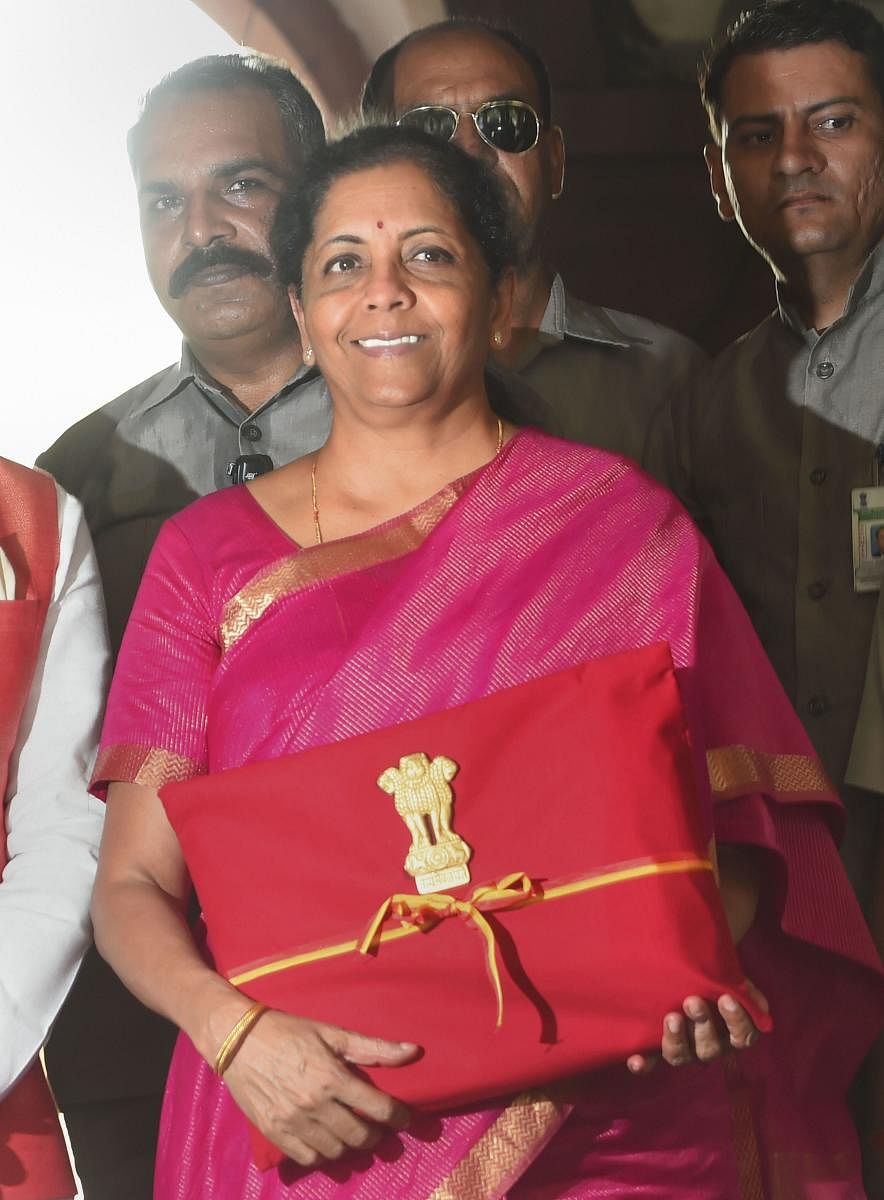 Finance Minister Nirmala Sitharaman arrives at Parliament to present the Union Budget 2019-20, in New Delhi, Friday, July 05, 2019. (PTI Photo)