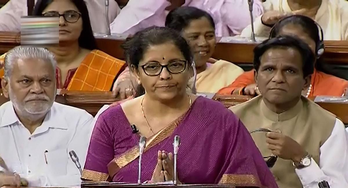 Union Finance Minister Nirmala Sitharaman presents the Union Budget 2019-20 in the Lok Sabha at Parliament, in New Delhi, Friday, July 05, 2019 (LSTV/PTI Photo)