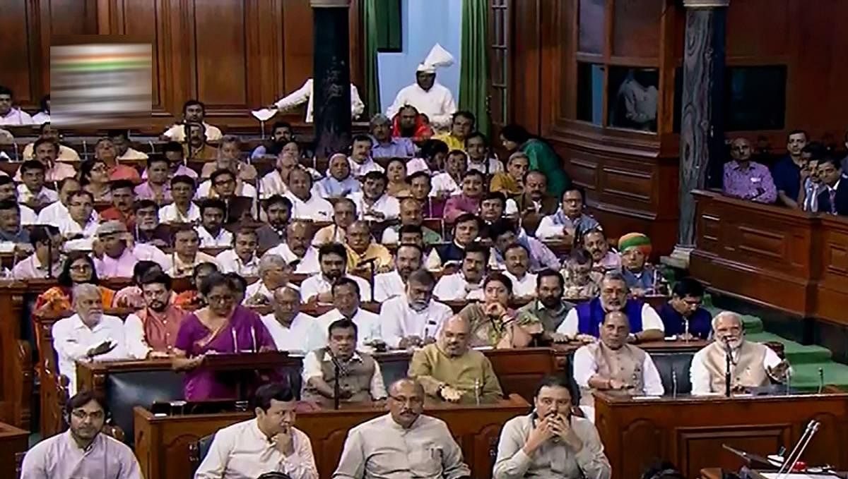 Finance Minister Nirmala Sitharaman presents the Union Budget 2019-20 in the Lok Sabha at Parliament, in New Delhi, Friday, July 05, 2019. (LSTV/PTI Photo)