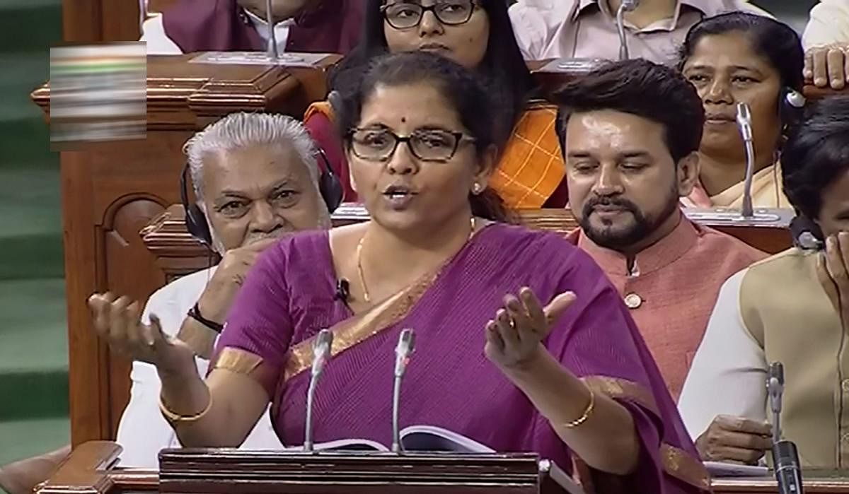 Union Finance Minister Nirmala Sitharaman presents the Union Budget 2019-20 in the Lok Sabha at Parliament, in New Delhi, Friday, July 05, 2019 (LSTV/PTI Photo)