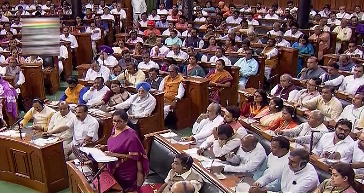 Finance Minister Nirmala Sitharaman presents the Union Budget 2019-20 in the Lok Sabha at Parliament, in New Delhi, Friday, July 05, 2019 (LSTV/PTI Photo)
