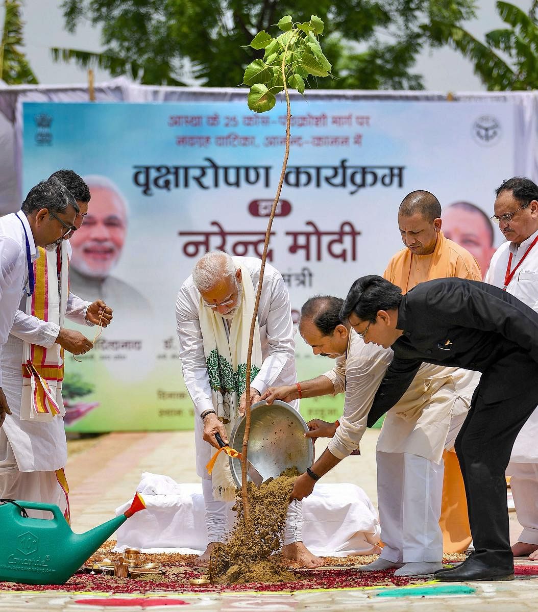 Prime Minister Narendra Modi participates in tree plantation drive, in Varanasi, Saturday, July 6, 2019. BJP Working President JP Nadda and Uttar Pradesh Chief Minister Yogi Adityanath are also seen. (PIB/PTI Photo)