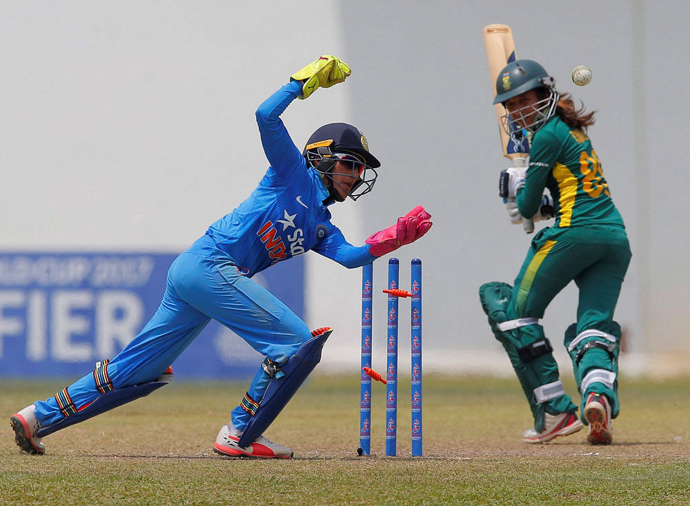 South Africa's Shabnim Ismail looks back as she is bowled out, as India's Sushma Verma celebrates during their ICC Women's World Cup Qualifier final one-day international cricket match in Colombo, Sri Lanka, Tuesday, Feb. 21, 2017. AP/PTI