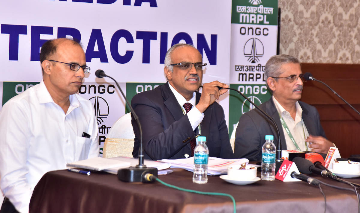 MRPL MD M Venkatesh speaks to mediapersons in Mangaluru on Saturday. 