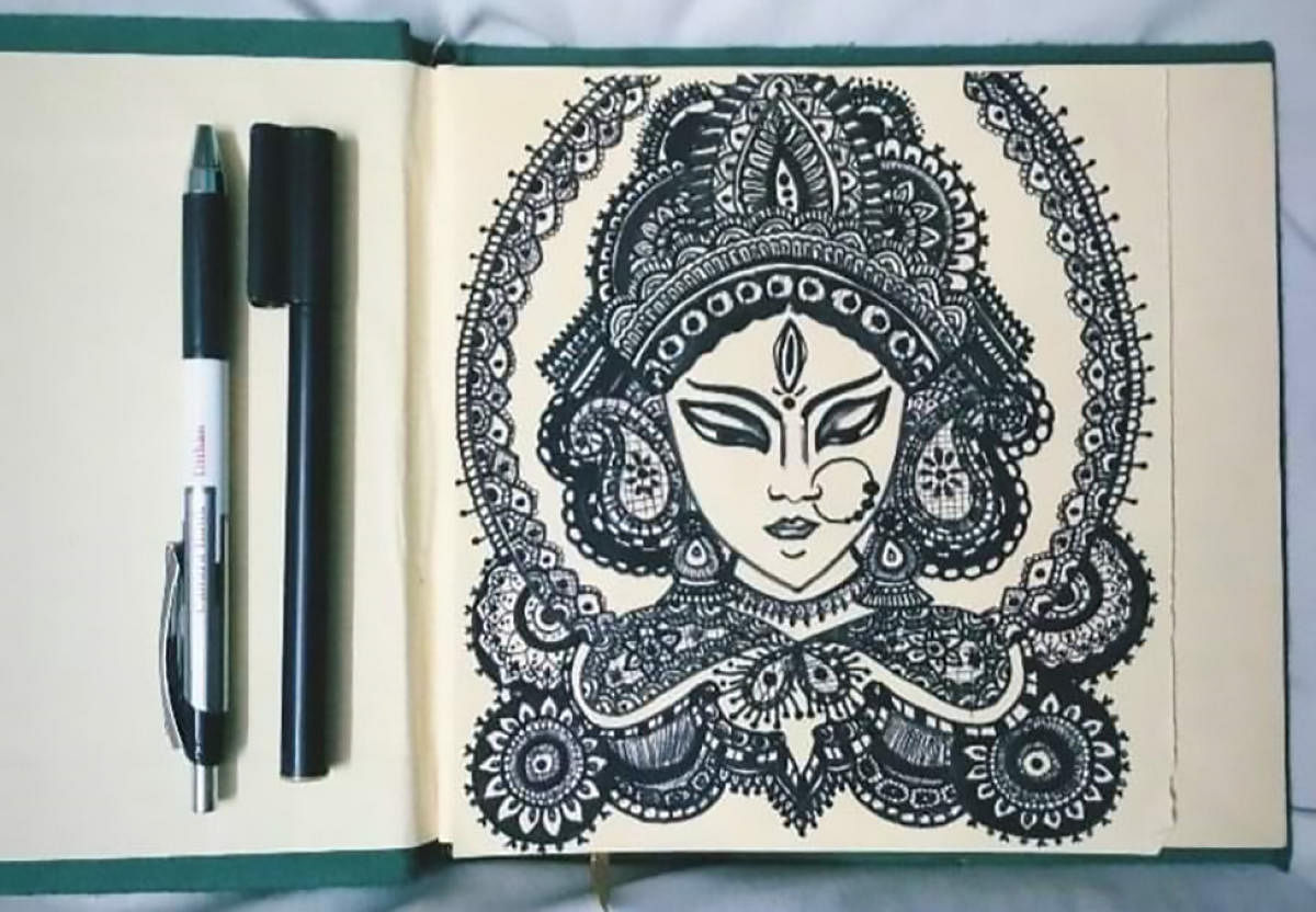 Many of Sparsha’s artworks are based on Goddess Durga.
