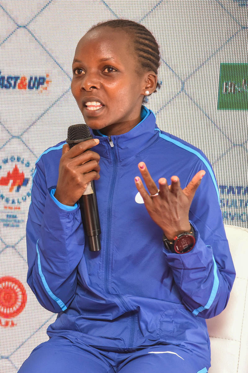 Rose Chelimo, the world champion in marathon, speaks to the media in Bengaluru on Friday. DH Photo/ S K Dinesh