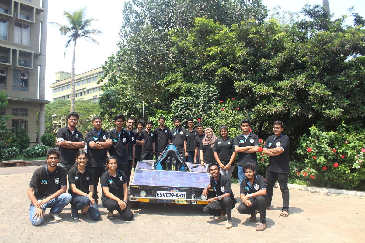 Members of ‘Team Achillius’ of St Joseph Engineering College (SJEC) seen with their electric solar vehicle prototype.