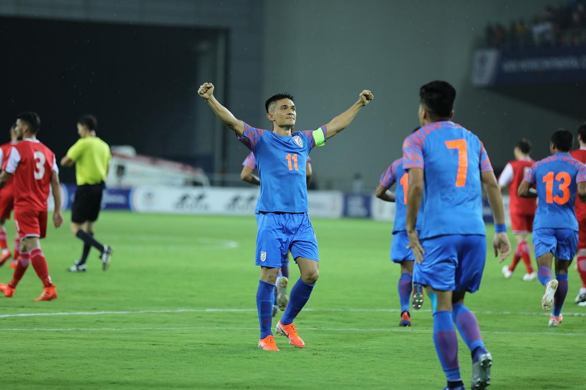 India's Sunil Chhetri celebrates after scoring against Tajikistan in the Intercontinental Cup on Sunday. 