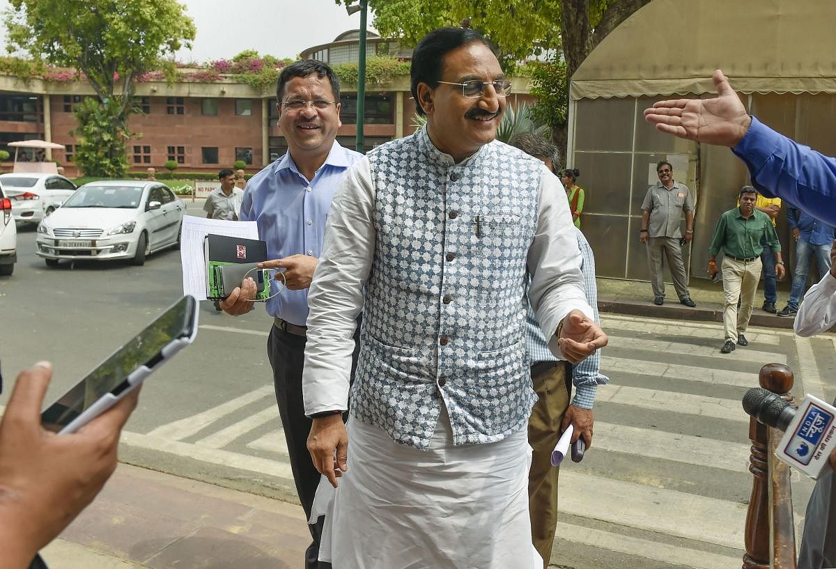 Union Minister for Human Resource Development Ramesh Pokhriyal ‘Nishank' during the Budget Session at Parliament House in New Delhi (PTI Photo)