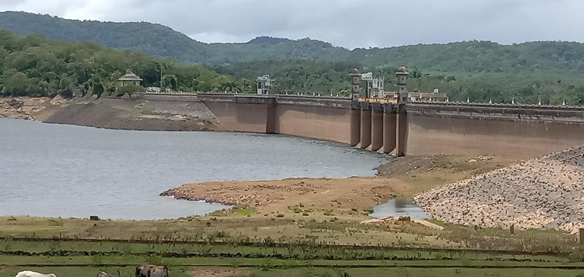 The water level in Harangi reservoir near Kushalnagar on Monday.