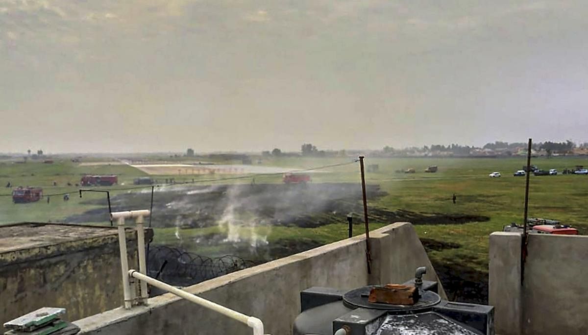 The site where a Jaguar fighter plane's fuel tank and practice bomb were dropped by its pilot in an attempt to land safely, after a bird-hit near Ambala on June 27, 2019. (PTI Photo)