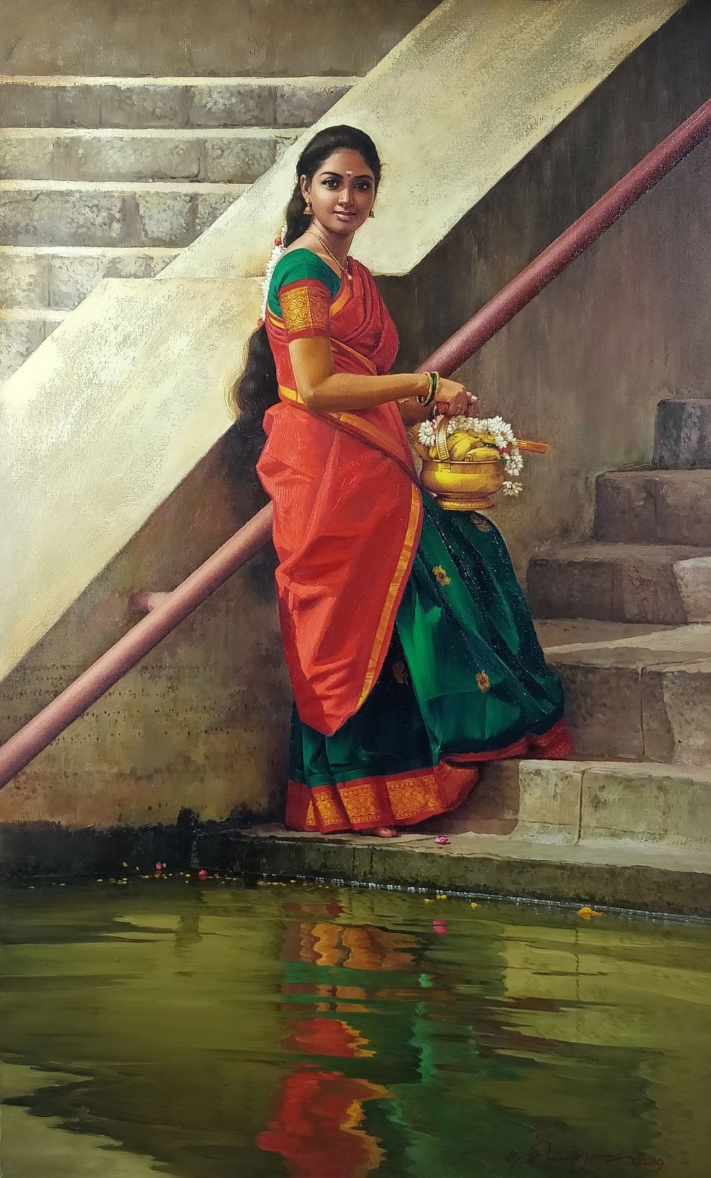 Oil on canvas titled ‘Traditional Girl’ by Elayaraja.