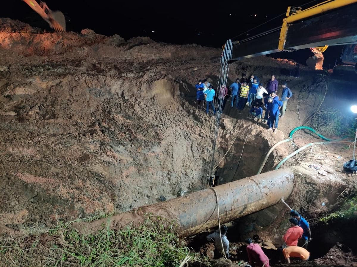The repair work on the damaged pipeline is in progress near Kannur Masjid on the outskirts of Mangaluru.