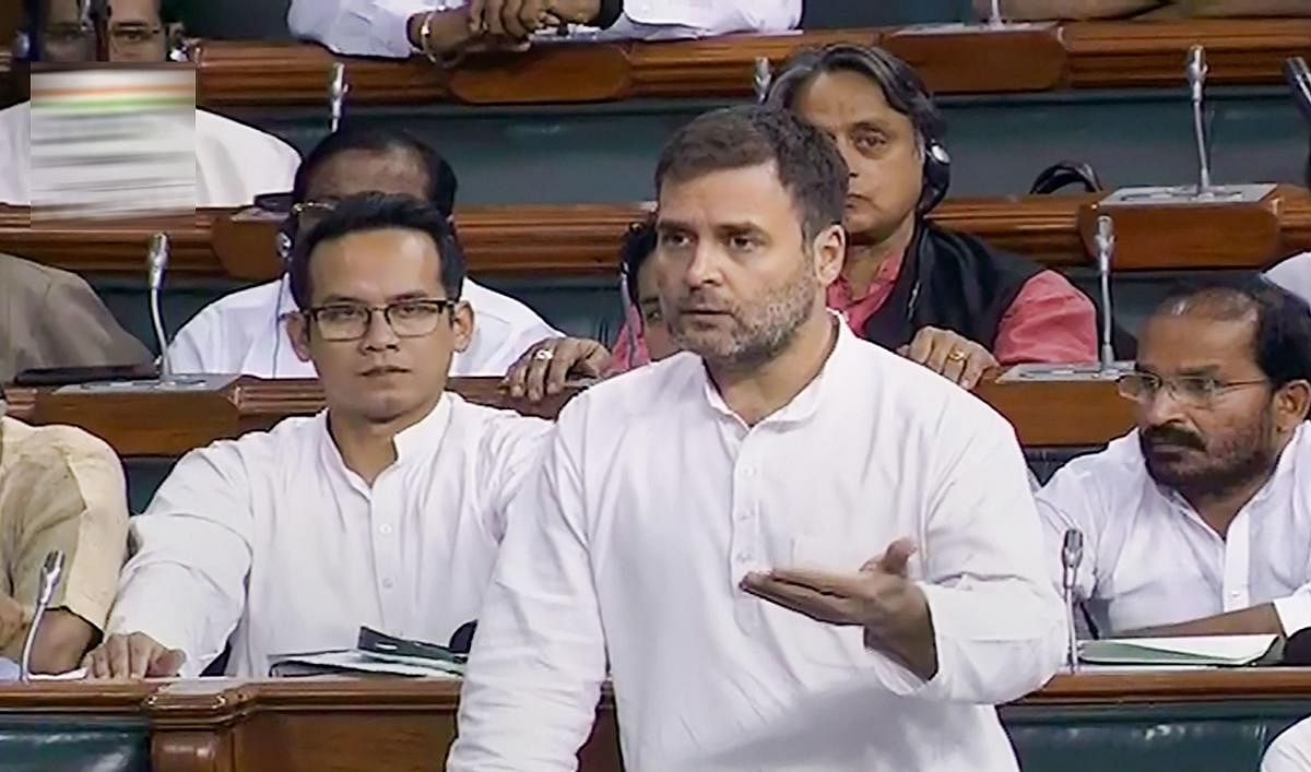 Congress leader Rahul Gandhi speaks in the Lok Sabha during the Budget Session of Parliament in New Delhi. (PTI Photo)