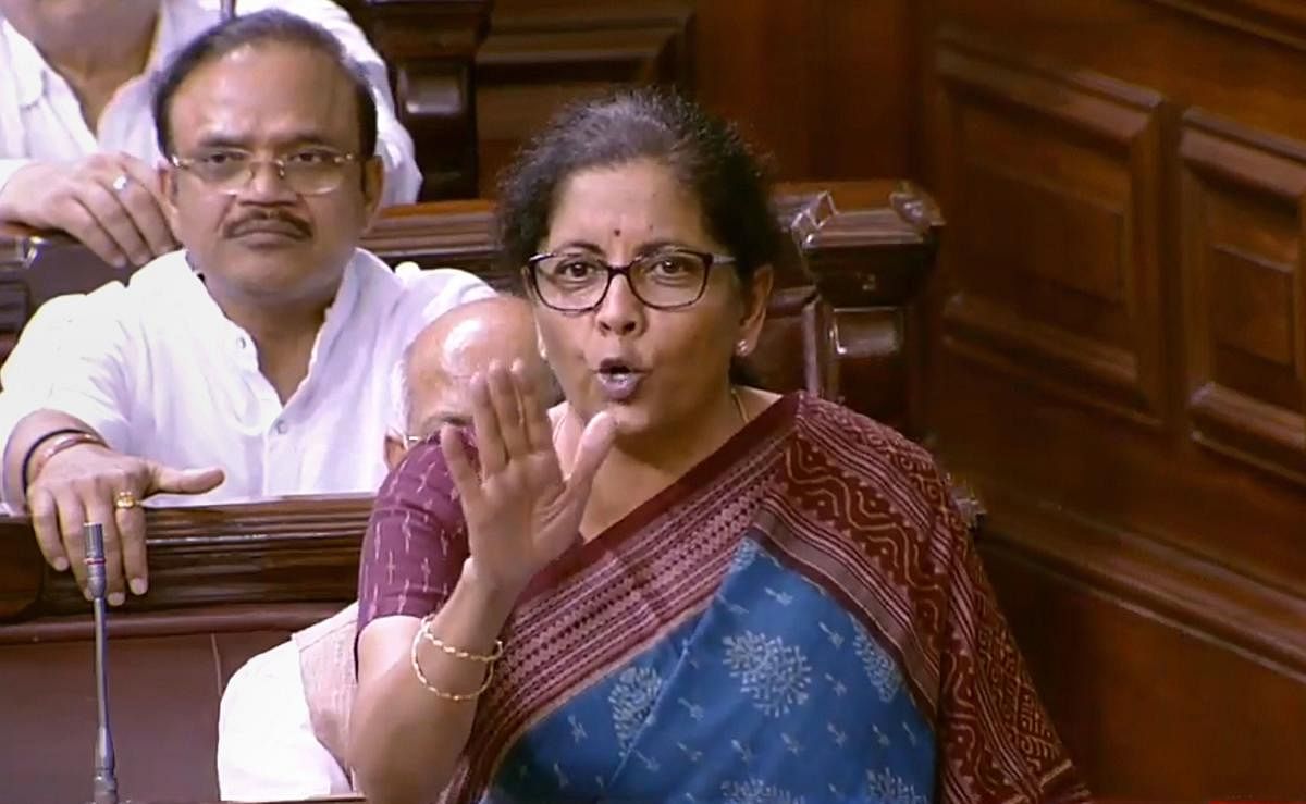 Union Finance Minister Nirmala Sitharaman speaks in the Rajya Sabha during the Budget Session of Parliament, in New Delhi, Friday, July 12, 2019. (RSTV/PTI Photo) 
