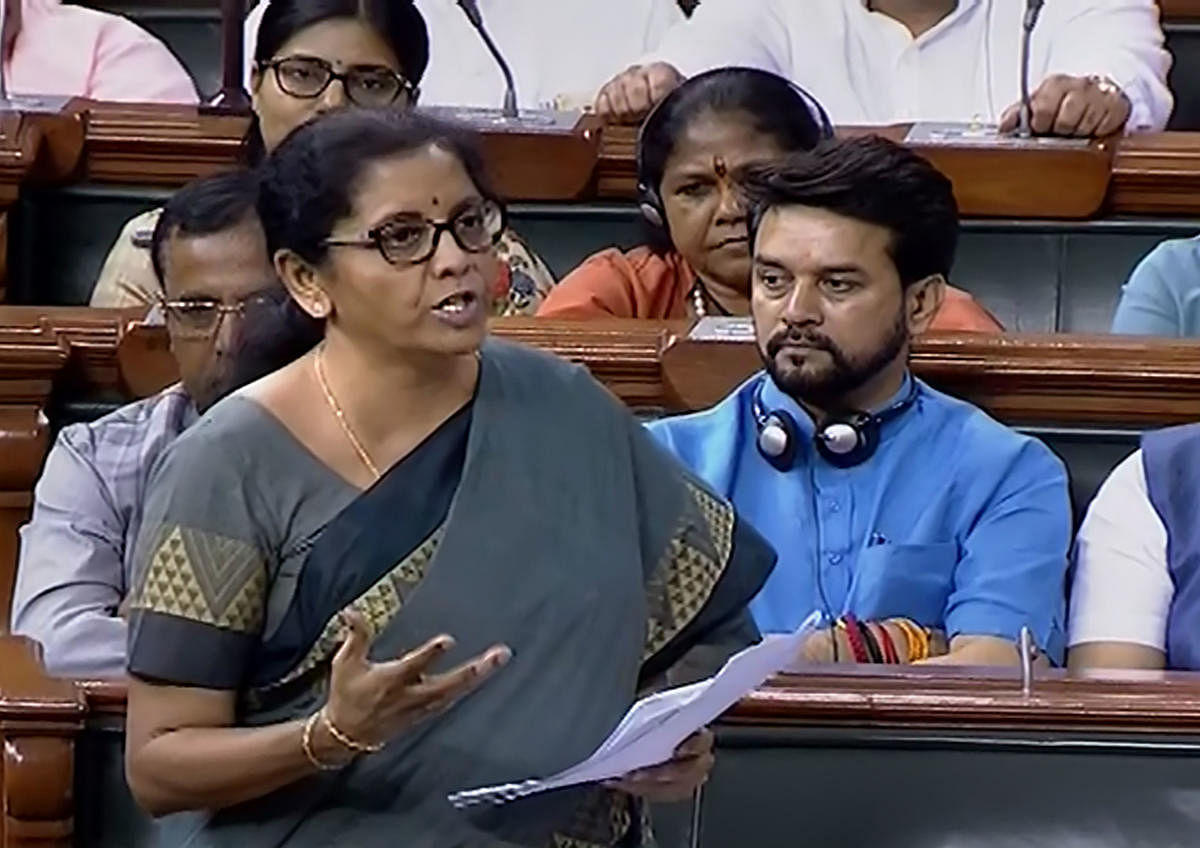 Union Finance Minister Nirmala Sitharaman speaks in the Lok Sabha during the Budget Session of Parliament, in New Delhi, Wednesday, July 10, 2019. (PTI Photo)
