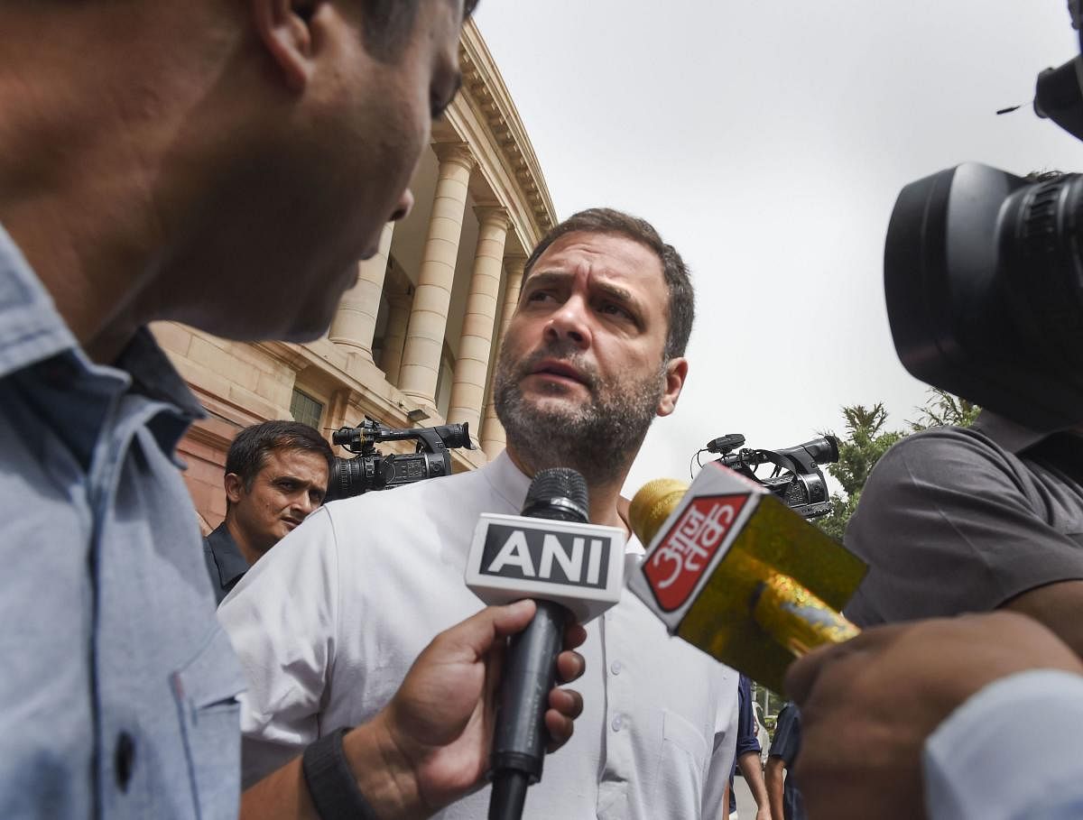 Congress leader Rahul Gandhi talks to the media during the Budget Session of Parliament, in New Delhi, Thursday, July 11, 2019. (PTI Photo)