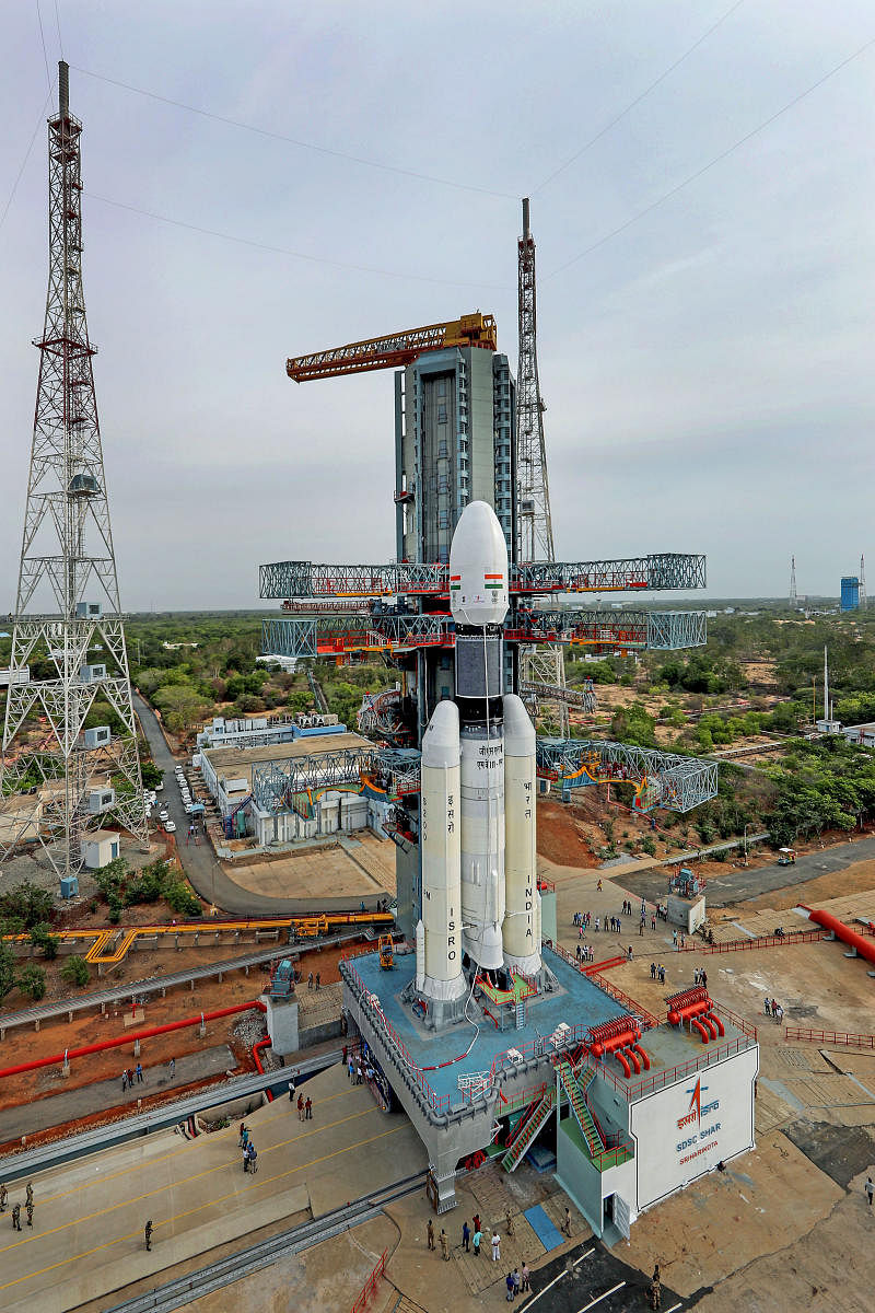 In this picture released by ISRO Thursday, July 11, 2019, the Geosynchronous Satellite Launch Vehicle Mark III (GSLV Mk 3) or 'Bahubali' is seen at the second launch pad ahead of the launch of Chandrayaan-2, in Sriharikota. The space mission, which aims to place a robotic rover on the moon, is set to be launched on July 15, 2019. ISRO/PTI