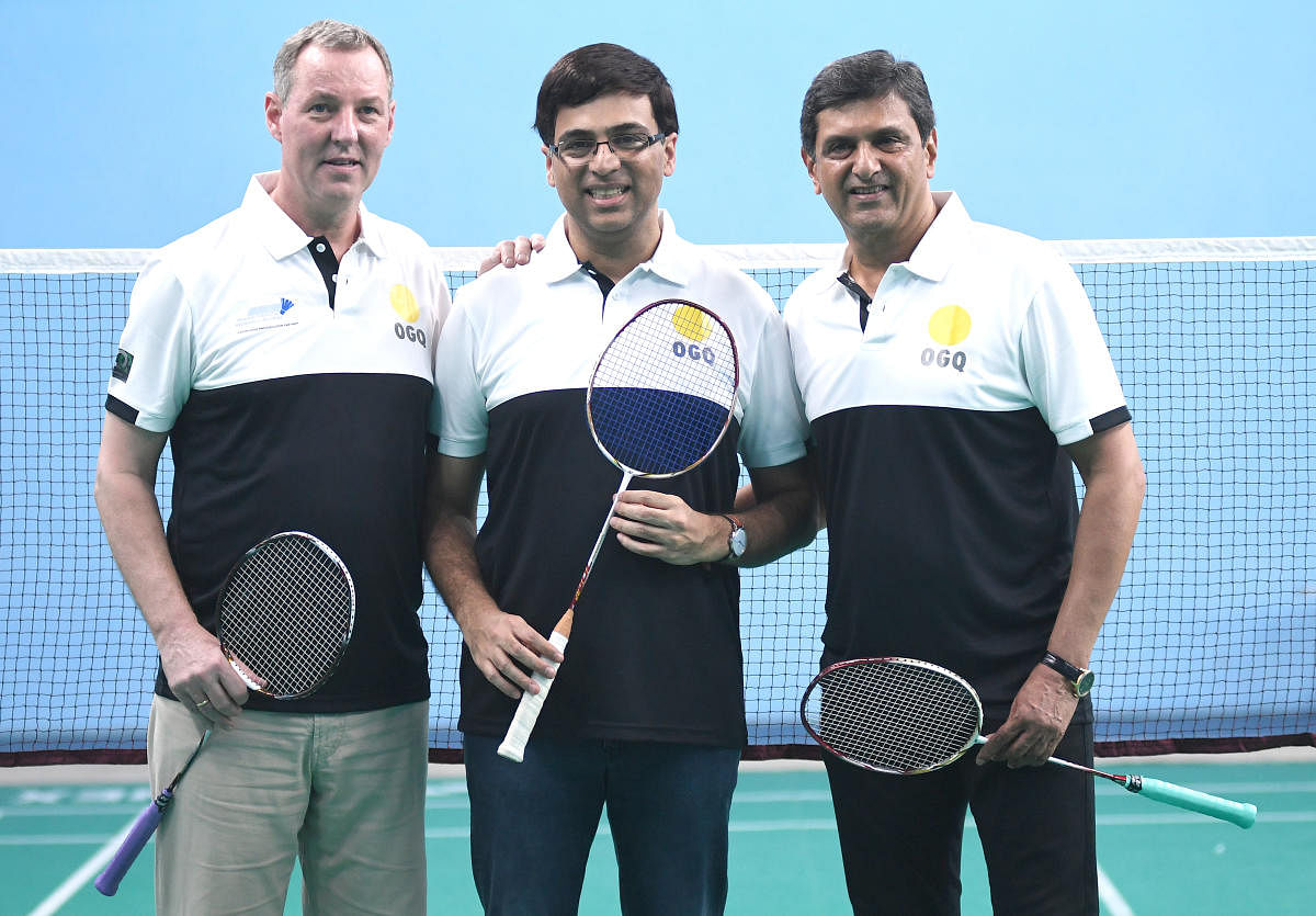 Morten Frost, Viswanathan Anand and Prakash Padukone at the Padukone-Dravid Centre of Sports Excellence in Bengaluru on Tuesday. DH photo/ Srikanta Sharma R
