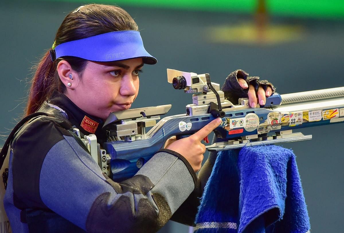 Apurvi Chandela prepares for a shot during the final of the women's 10M air rifle in the World Cup in New Delhi on Saturday. PTI