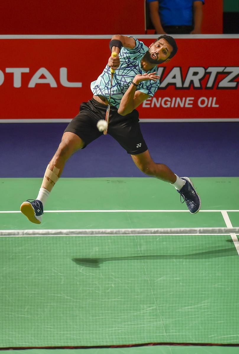 Smashing: India’s HS Prannoy in action against Jan O Jorgensen in New Delhi on Thursday. PTI