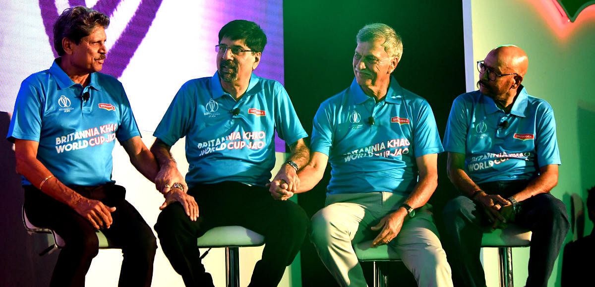 1983 World Cup winning captain Kapil Dev and his team-mates Kris Srikkanth, Roger Binny and Syed Kirmani (from left) at a press conference in Bengaluru on Tuesday. DH Photo Srikanta Sharma R