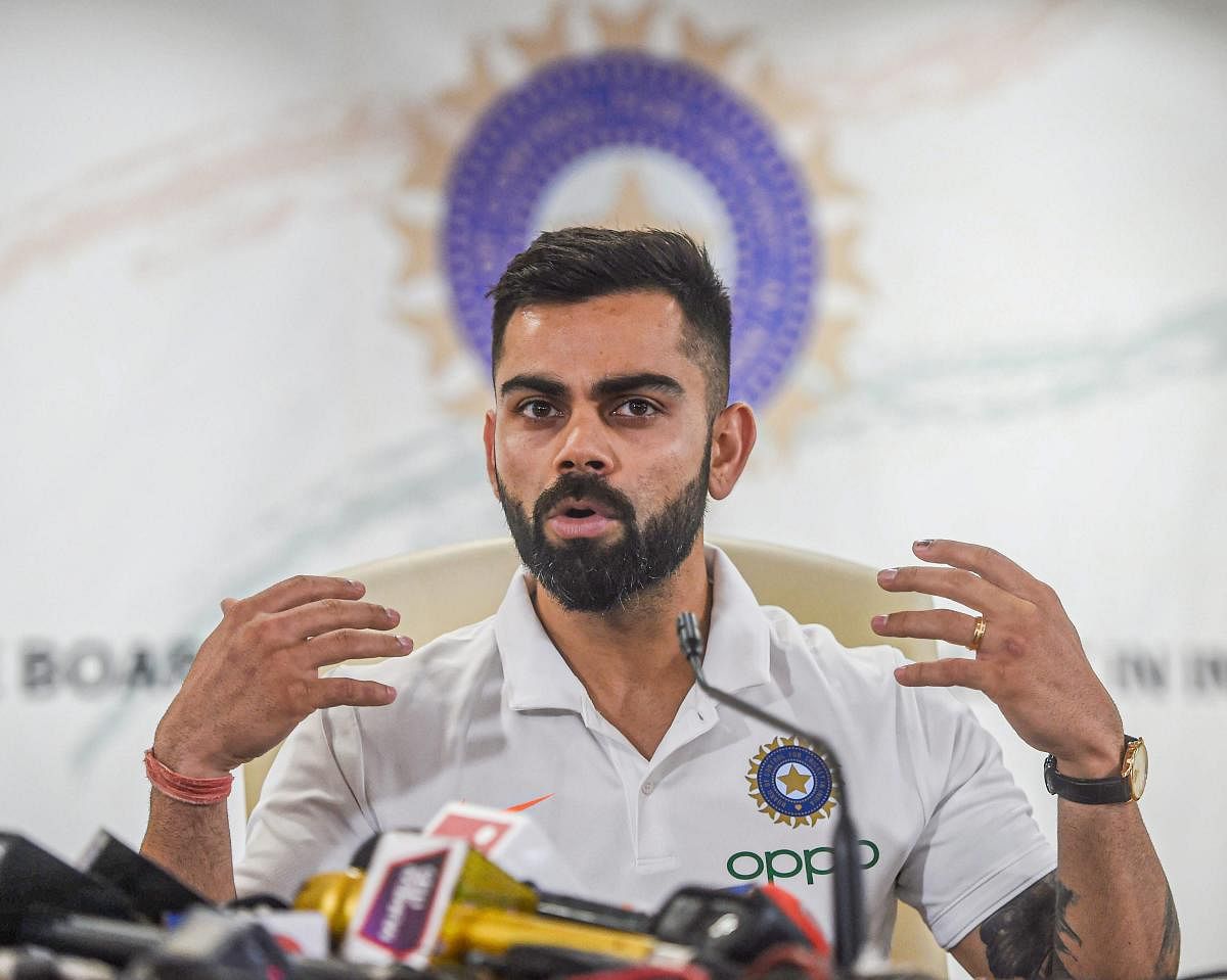 India cricket team captain Virat Kohli in a jovial mood during the pre-departure press conference on Tuesday in Mumbai. PTI