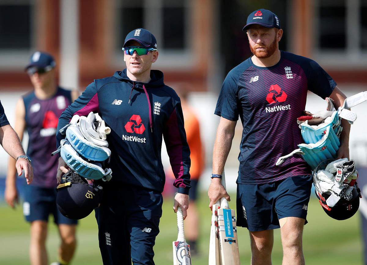 England's Eoin Morgan (left) and Jonny Bairstow during a training session at the Lord's on Saturday. Reuters