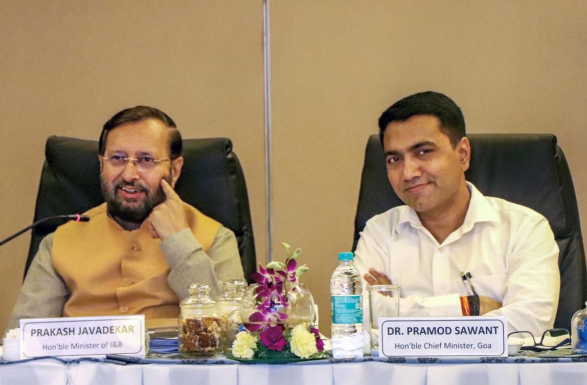 Union Minister of Information and Broadcasting Prakash Javadekar along with Goa Chief Minister Pramod Sawant chairs a meeting of the steering committee of International Film Festival of India for its golden jubilee edition, in Panaji. (PTI Photo)