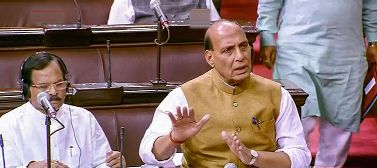 Defence Minister Rajnath Singh speaks in the Rajya Sabha during the Budget Session of Parliament (RSTV screen grab/PTI Photo)