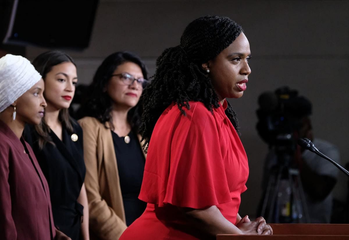 Rep. Ayanna Pressley (D-MA), speaks while Reps. Ilhan Omar (D-MN), Alexandria Ocasio-Cortez (D-NY), and Rashida Tlaib (D-MI) listen during a press conference at the U.S. Capitol (Getty Images/AFP Photo)