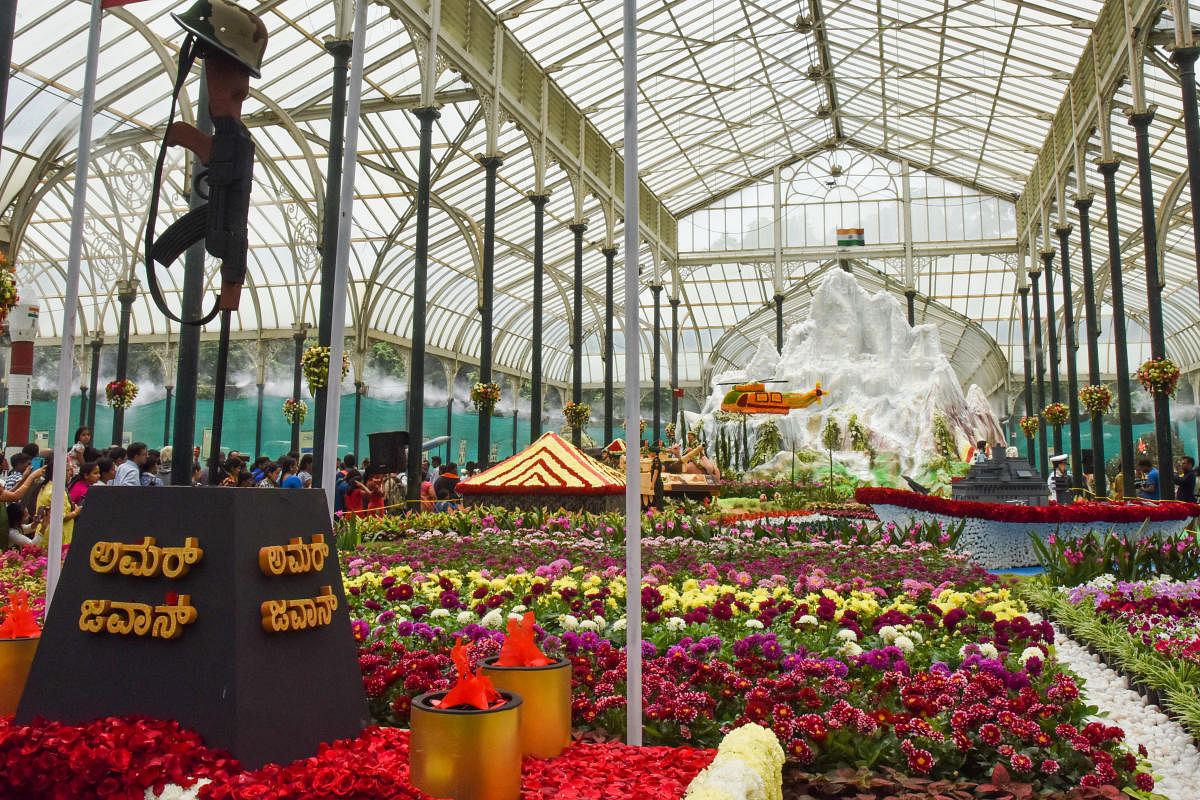 The Glass House in Bengaluru's Lalbagh during the Independence Day Flower Show, ‘Floral Tribute to the Indian Defence’, organised by Horticulture Department and The Mysore Horticulture Society, on Saturday. Photo by S K Dinesh